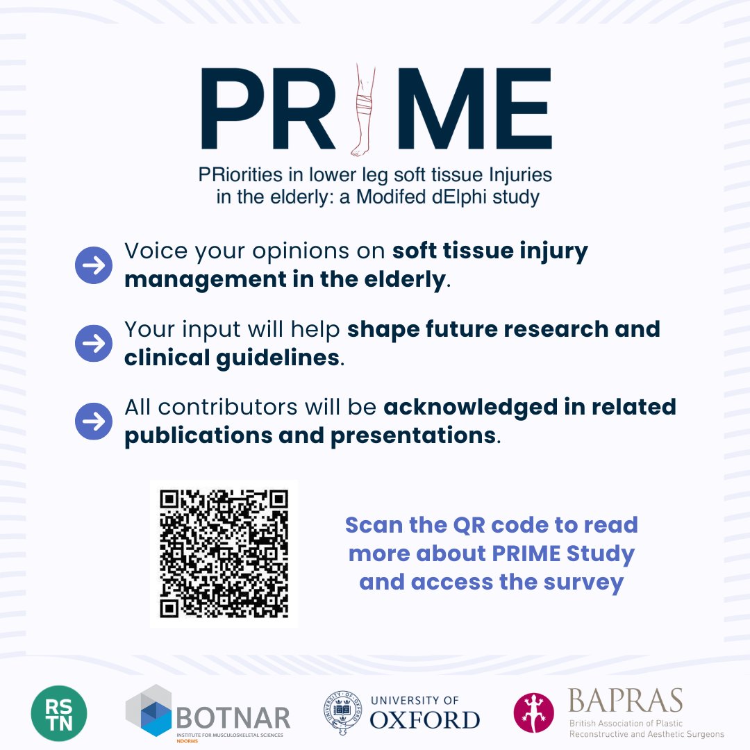 🚨 New Research Study Alert – PRIME 🚨

We’re launching the PRIME Study and we need YOUR input!

We’re focusing on a growing issue:
Lower leg soft tissue injuries in the elderly 🦵👵👴
#PRIMEStudy #TraumaResearch