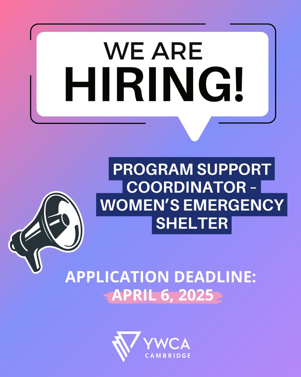 📢 We're Hiring!  

YWCA Cambridge is seeking a Program Support Coordinator to join our dedicated team at the Women's Emergency Shelter. Deadline to Apply: April 5, 2025 Learn more and apply today: ywcacambridge.ca/program-suppor… #JobOpportunity #CambridgeJobs #YWCAJobs