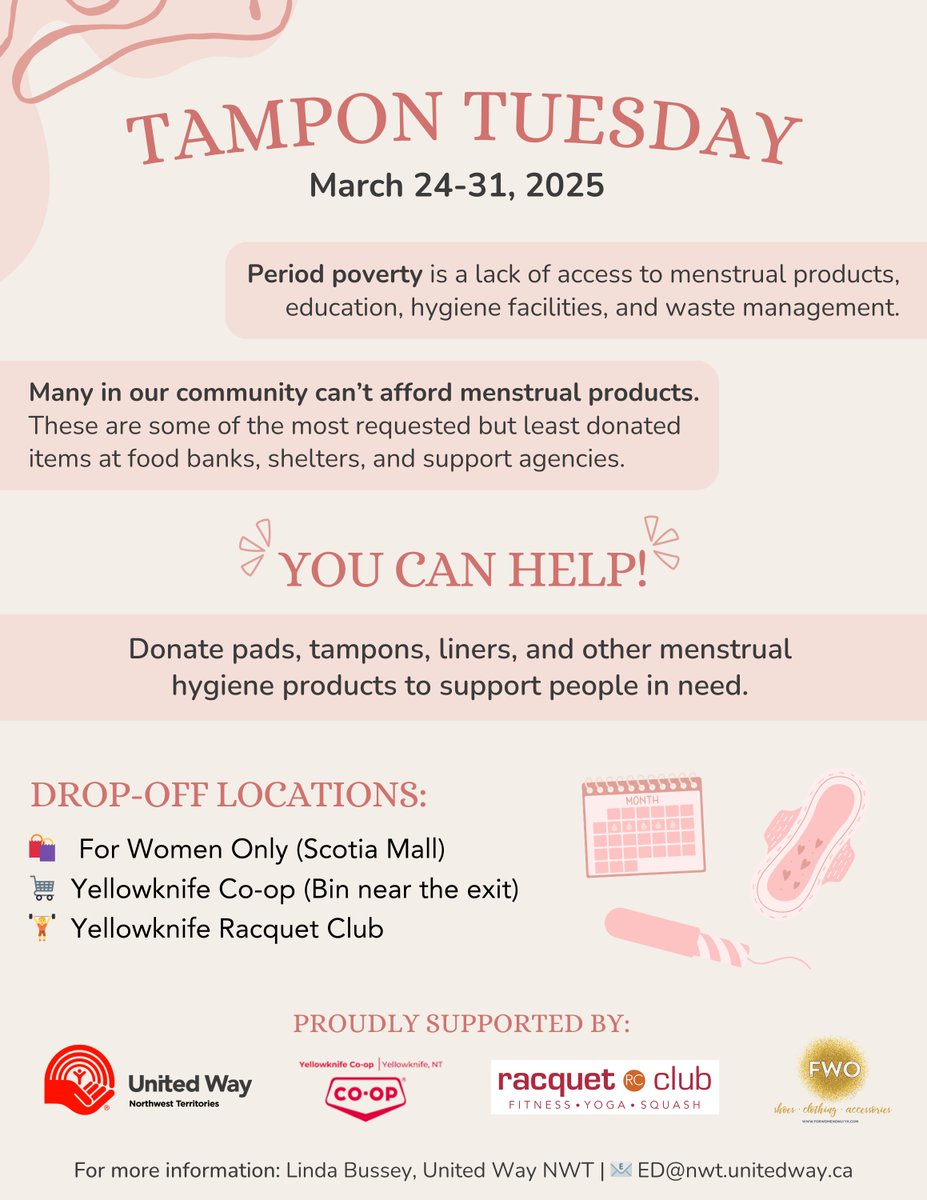 🌟 Tampon Tuesday is here! From March 24 to 31, donate pads, tampons, liners, and other menstrual products to help fight period poverty.

Find your nearest drop-off for your donations:

🛍  For Women Only (Scotia Mall) 
🛒 Yellowknife Co-op
🏋 Yellowknife Racquet Club