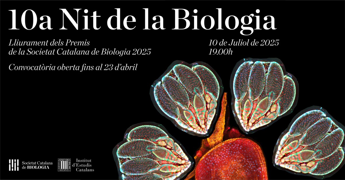 Societat Catalana de Biologia (@scb_iec) on Twitter photo Ja està oberta la convocatòria als #PremisSCB2025 #NitBio25!
Si vols presentar-te tens temps fins al 23 d'abril!
Més informació i inscripcions ➡️ tuit.cat/j8Ere
📷Imatge la flor de la vida per Kaelyn Thomas, Berta Pi i Eloi Pineda de la <a href="/UniBarcelona/">Universitat de Barcelona</a> Ja està oberta la convocatòria als #PremisSCB2025 #NitBio25!
Si vols presentar-te tens temps fins al 23 d'abril!
Més informació i inscripcions ➡️ tuit.cat/j8Ere
📷Imatge la flor de la vida per Kaelyn Thomas, Berta Pi i Eloi Pineda de la <a href="/UniBarcelona/">Universitat de Barcelona</a>
