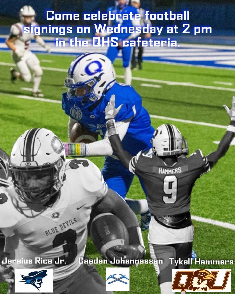 QHS Football (@qhsfootball) on Twitter photo Come celebrate football signings on Wednesday at 2 pm in the QHS cafeteria. <a href="/ChrisDuerr/">Chris Duerr</a> <a href="/BreidyTV/">Brendan Reidy</a> <a href="/SchuckSports/">Matt Schuckman</a> <a href="/MuddyRiverSport/">Muddy River Sports</a> Come celebrate football signings on Wednesday at 2 pm in the QHS cafeteria. <a href="/ChrisDuerr/">Chris Duerr</a> <a href="/BreidyTV/">Brendan Reidy</a> <a href="/SchuckSports/">Matt Schuckman</a> <a href="/MuddyRiverSport/">Muddy River Sports</a>