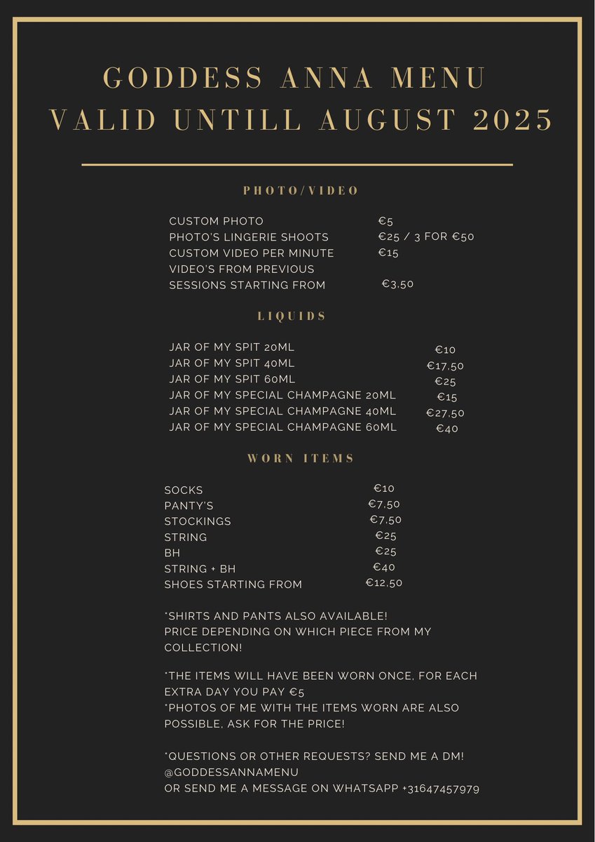 GoddessAnna_EN's tweet photo. My new Goddess Anna menu! 👑

‼️Valid until August 2025! ‼️

*Prices are normally 50% more expensive, but because I only do online sessions until August you now get a discount on everything! https://t.co/OwAEXihD2x