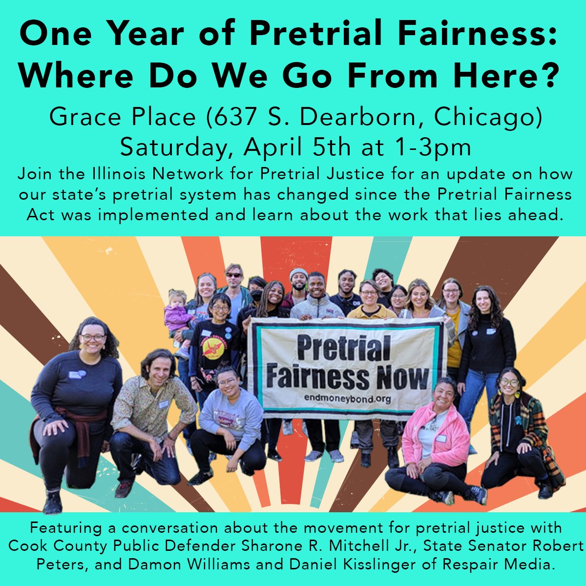 Join us at Grace Place on April 5th for an update on how our state’s pretrial system has changed since the Pretrial Fairness Act was implemented and learn about the work that lies ahead.

Register here: docs.google.com/forms/d/e/1FAI…