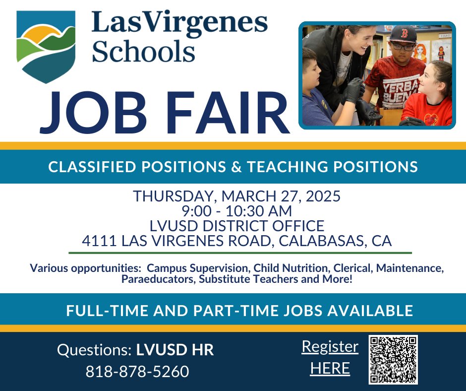 Join our Team!  Don't miss our job fair this Thursday, March 27th from 9-10:30 at the District Office. Classified and substitute teaching positions are available. Full and part-time positions.  See you there!