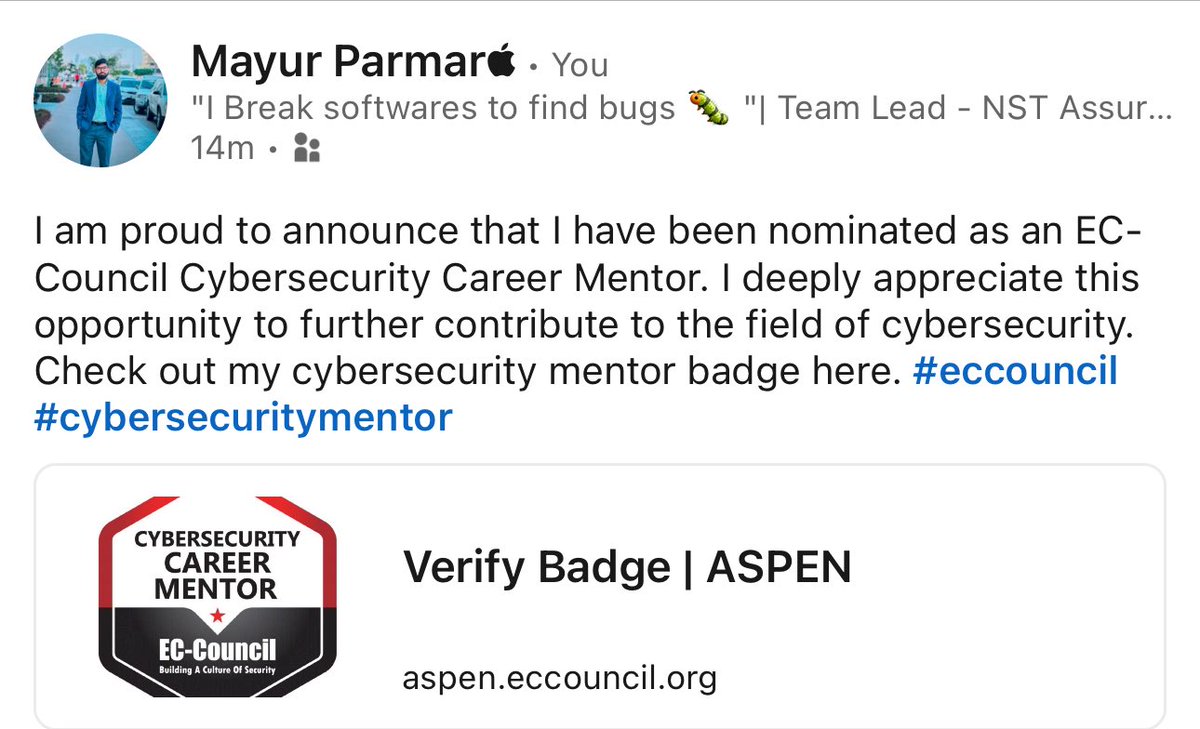 th3cyb3rc0p's tweet image. I am proud to announce that I have been nominated as an EC-Council Cybersecurity Career Mentor. I deeply appreciate this opportunity to further contribute to the field of cybersecurity. Check out my cybersecurity mentor badge here. #eccouncil #cybersecuritymentor 

@ECCOUNCIL