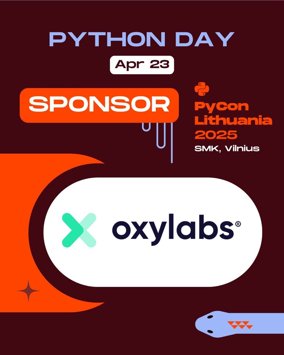 Excited to have Oxylabs as a sponsor for Python Day at PyCon LT 2025 on April 23! 🐍

They use Python to build powerful web scraping tools at scale — and they’re hiring!

🔎 Check our job board: pycon.lt/jobs 
🤝 Want to sponsor? pycon.lt/partnership