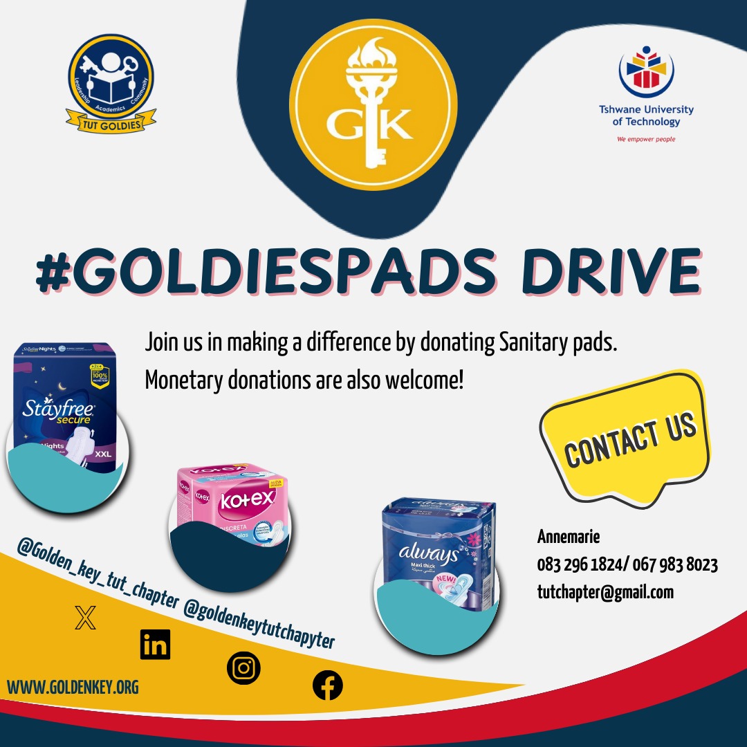 GKTUTChapter's tweet photo. Hey Goldies! ✨️

Join us in making a difference by donating sanitary pads.

To make donations, contact Annemarie on 083 296 1824 /067 983 8023. Alternatively, send an email to tutchapter@gmail.com 

#yesgk ##gktutchapter #GKSA https://t.co/nBbi4I2aeR