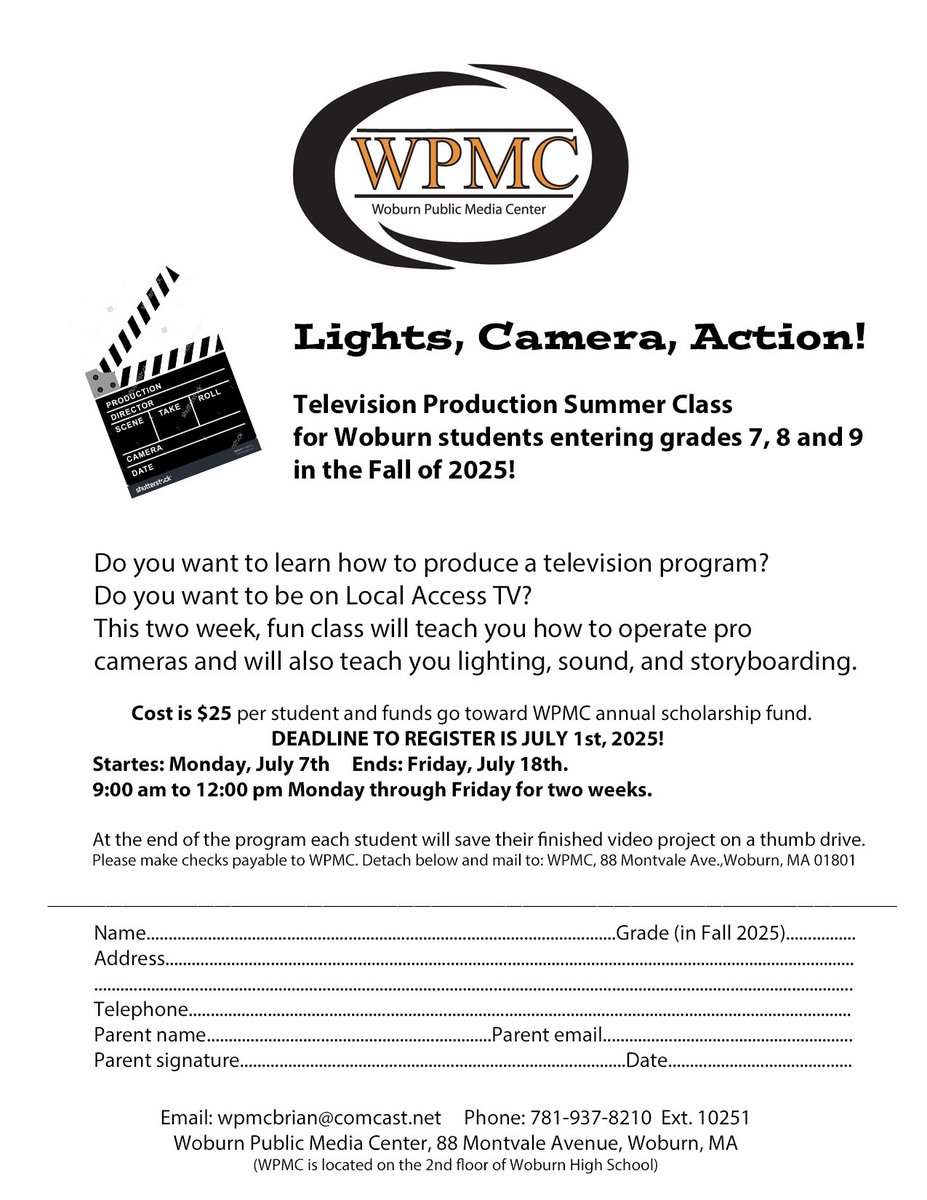 Woburn Public Media (@wpmc_woburn) on Twitter photo Our Summer class registration is open to all Woburn students entering 7th, 8th or 9th grade in the fall! The two week course is only $25 and begins July 7th. Register now by printing and mailing form below <a href="/jmswoburn/">Joyce Middle School</a> <a href="/KMSWoburn/">KennedyMiddle School</a> <a href="/WMHSTanners/">Woburn Memorial HS</a> Our Summer class registration is open to all Woburn students entering 7th, 8th or 9th grade in the fall! The two week course is only $25 and begins July 7th. Register now by printing and mailing form below <a href="/jmswoburn/">Joyce Middle School</a> <a href="/KMSWoburn/">KennedyMiddle School</a> <a href="/WMHSTanners/">Woburn Memorial HS</a>