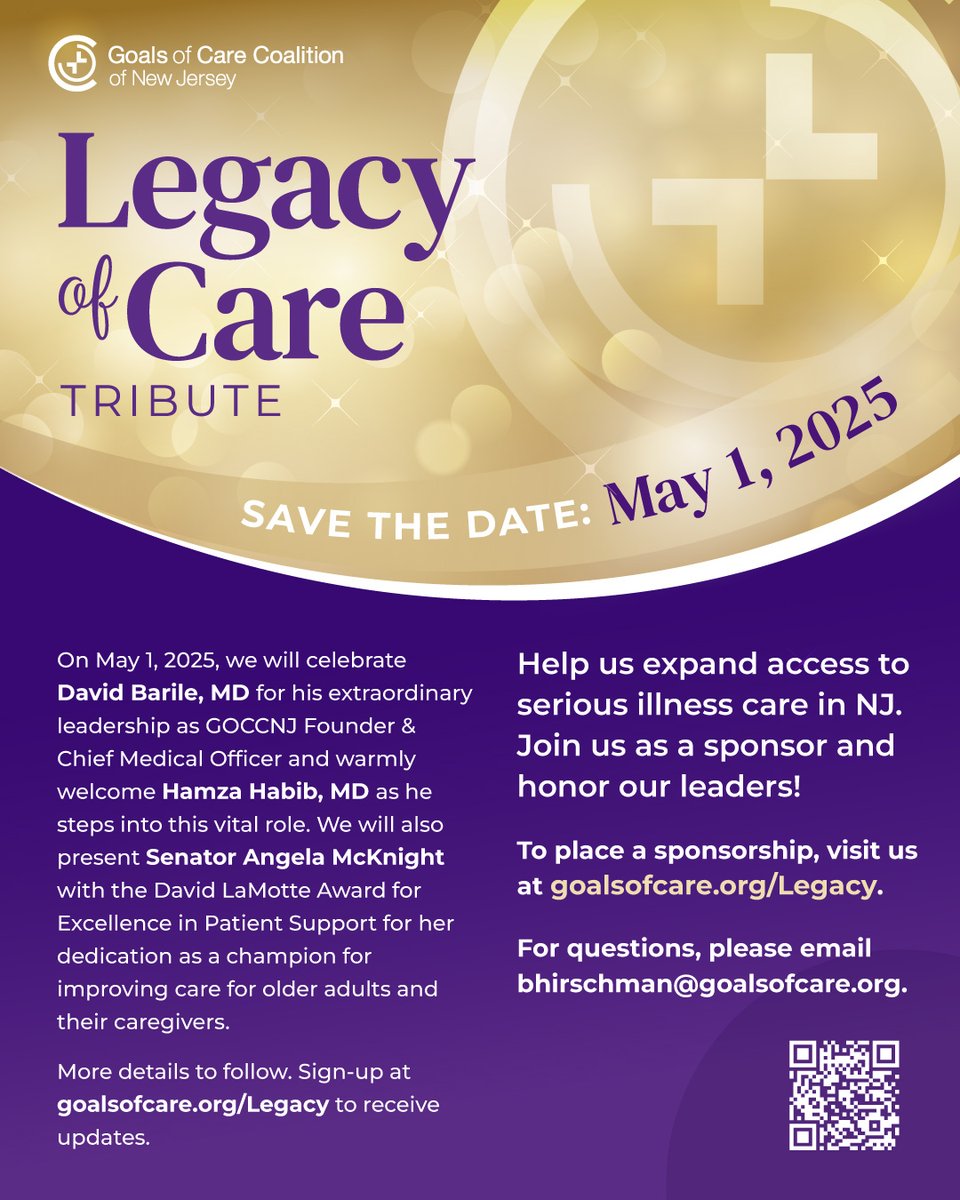 Goals of Care Coalition of New Jersey (@goalsofcare) on Twitter photo Join us on May 1st for the Legacy of Care Tribute, where we’ll honor Dr. <a href="/BarileMd/">David R. Barile, MD</a>, <a href="/M_HamzaHabibMD/">M. Hamza Habib, MD, JD, MBA</a> & <a href="/SenatorMcKnight/">Senator Angela V. McKnight</a> for their impactful work with people living with serious illness. Sponsorships available to help us expand access to compassionate care. goalsofcare.org/legacy/ Join us on May 1st for the Legacy of Care Tribute, where we’ll honor Dr. <a href="/BarileMd/">David R. Barile, MD</a>, <a href="/M_HamzaHabibMD/">M. Hamza Habib, MD, JD, MBA</a> & <a href="/SenatorMcKnight/">Senator Angela V. McKnight</a> for their impactful work with people living with serious illness. Sponsorships available to help us expand access to compassionate care. goalsofcare.org/legacy/