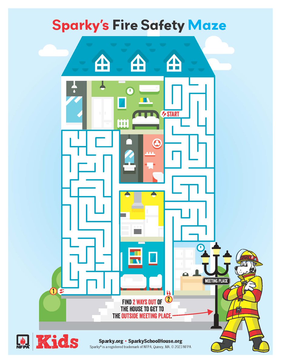 Sparky_Fire_Dog's tweet image. Knowing 2 ways out is an important piece of your home fire escape plan. Download Sparky's new fire safety maze to help spark conversation in your family. bit.ly/4kGmYtL