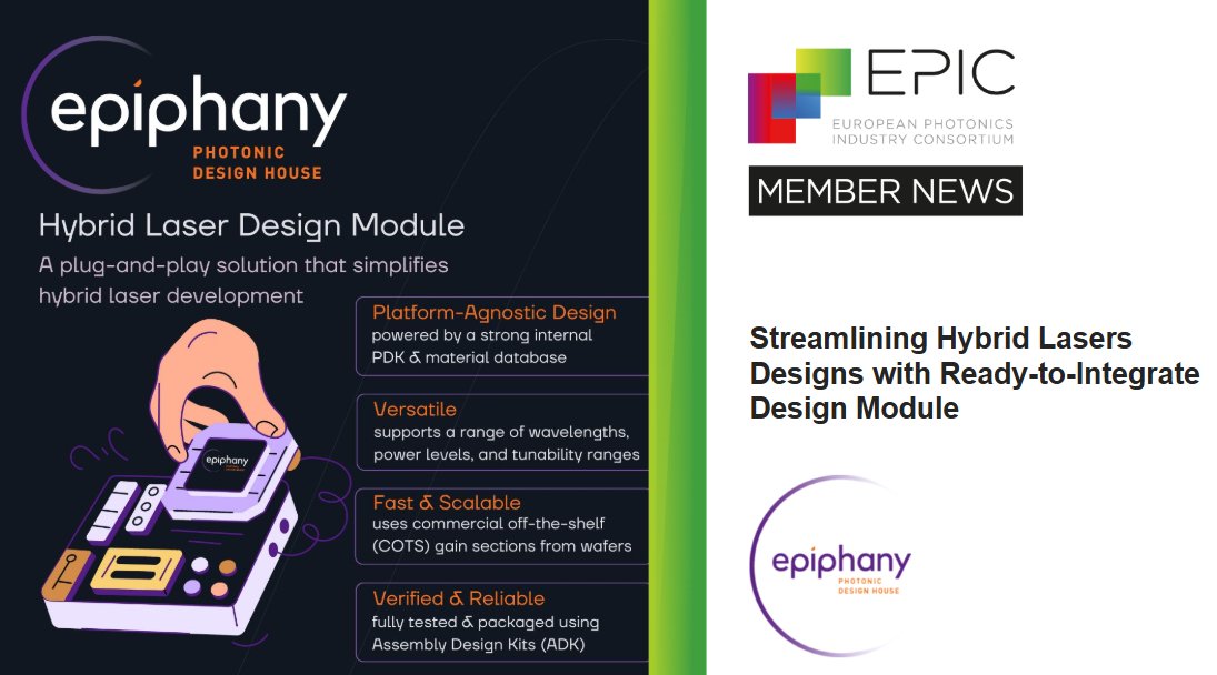 EPIC_photonics's tweet image. 📣Epiphany introduces the Hybrid Laser Design Module—a ready-to-integrate solution that simplifies hybrid laser development, reduces design complexity, and accelerates time to market. Learn more: epiphany-design.com/hybrid-laser-d… #HybridLaser #TunableLaser #EPICMembersNews #Photonics