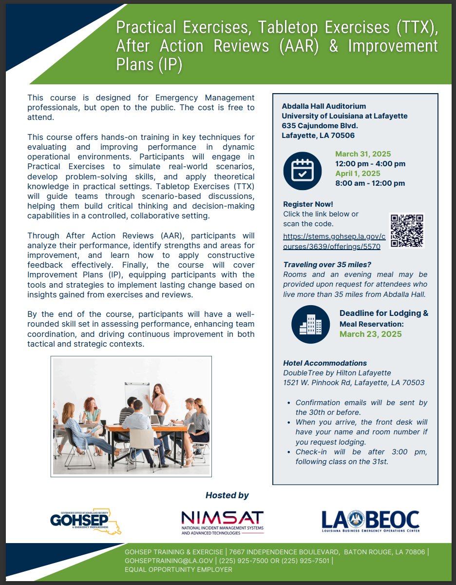 LABEOC's tweet photo. The GOHSEP Academy is hosting a session on Practical Exercises, After Action Reviews &amp; Improvement Plans.  

March 31 &amp; April 1  
Abdalla Hall at UL Lafayette                                              

Register - https://t.co/4FzFygV6UA

#training #disastermanagement https://t.co/alDCdLZyui