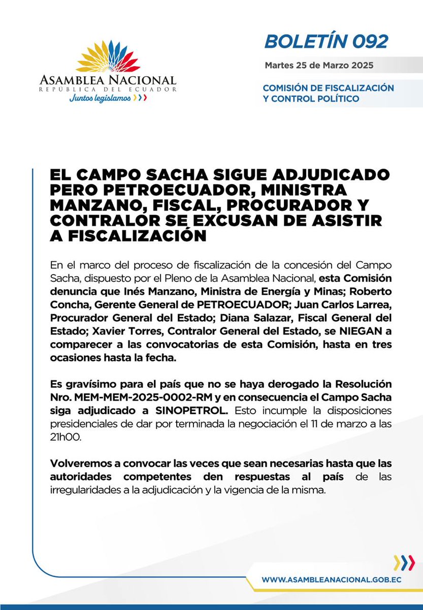 ‼️#URGENTE
Comisión de Fiscalización  señala que Inés Manzano, Ministra de Energía y Minas; Roberto Concha, Gerente General de PETROECUADOR; Juan Carlos Larrea, Procurador General del Estado; Diana Salazar, Fiscal General del Estado; Xavier Torres, Contralor General del Estado,