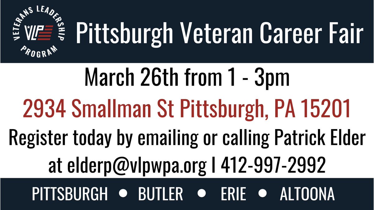 Please consider joining us or spreading the word for our first Pittsburgh Veteran Career Fair of the year tomorrow, March 26th from 1-3PM!

We will have employers on site from UPMC, Goodwill Industries, Pittsburgh Public Schools, among many others ready to hire local Veterans.