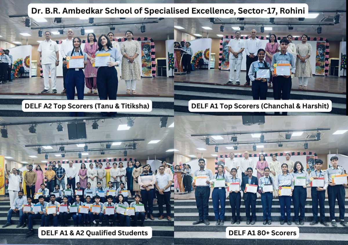 Harshit(10A),Chanchal(12B) of Asose Sec17 Rohini qualified DELF A1 Exam with  89 &amp; 89.5 score respectively conducted by French Embassy.
Tanu &amp; Titiksha of Gr 12 scored 84 &amp; 82 in A2 level making the school fraternity feel proud.
A moment to celebrate their zeal to learn French!