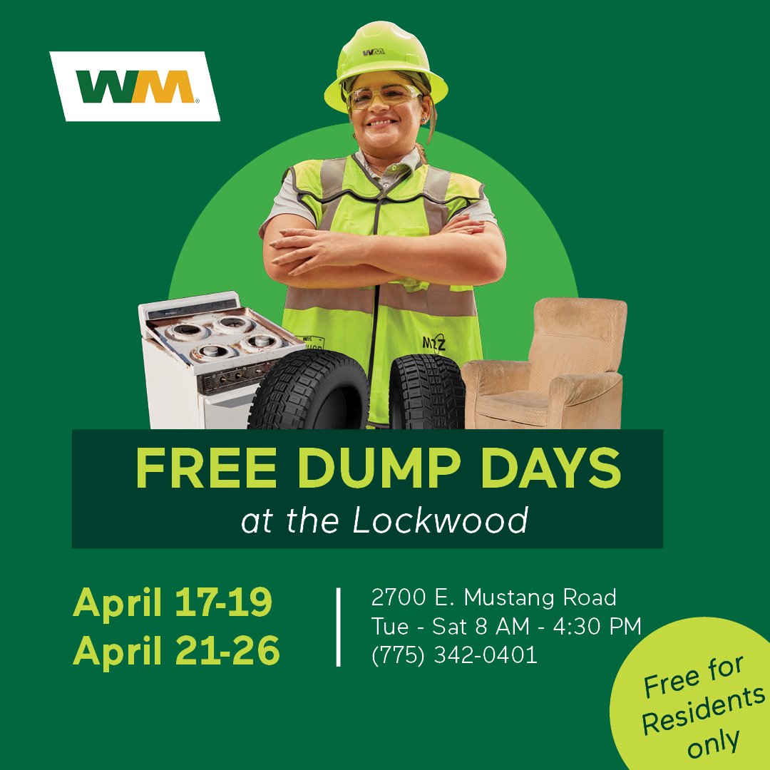 wm_nev's tweet photo. It's almost that time of year again for Free Dump Days at Lockwood Landfill. In honor of Earth Day and preventing illegal dumping around our open spaces, April 17-19 and April 21-26th Lockwood Landfill will be open for residents to come and bring their bulky items to the landfill https://t.co/F1fGzqra8a