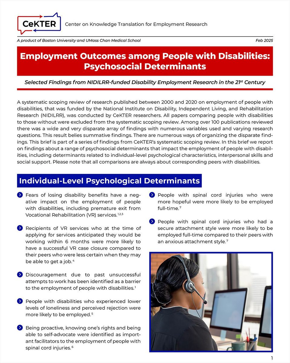 Self-efficacy and family support were among the key factors in employment outcomes for the disabled according to a review of NIDILRR-funded employment research entitled Employment Outcomes Among People With Disabilities: Psychosocial Determinants.

buff.ly/vB5v26j