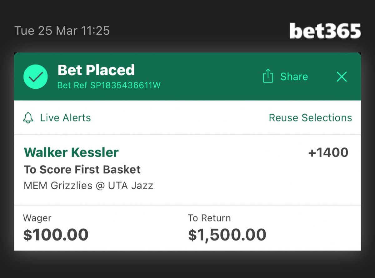Running it back here with Kessler today on B365. As always using the <a href="/FirstBasketBets/">First Basket Bets</a> data for this play.
