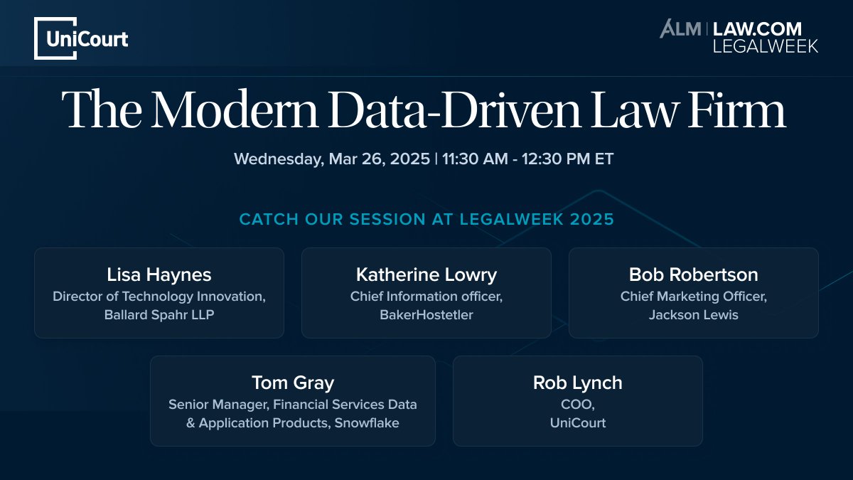 UniCourt (@unicourtinc) on Twitter photo Join our session at #Legalweek25! Our COO, Rob Lynch will lead "The Modern Data-Driven Law Firm” with Lisa Mayo Haynes (Director of Technology Innovation, <a href="/BallardSpahrLLP/">Ballard Spahr LLP</a>), Katherine Lowry (CIO, <a href="/BakerHostetler/">BakerHostetler</a>), Tom Gray (Senior Manager, Financial Services Data & Application Join our session at #Legalweek25! Our COO, Rob Lynch will lead "The Modern Data-Driven Law Firm” with Lisa Mayo Haynes (Director of Technology Innovation, <a href="/BallardSpahrLLP/">Ballard Spahr LLP</a>), Katherine Lowry (CIO, <a href="/BakerHostetler/">BakerHostetler</a>), Tom Gray (Senior Manager, Financial Services Data & Application