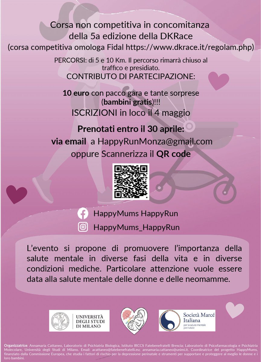 We are beyond thrilled to announce the fourth edition of #HappyRun!!!! 🏃‍♀️💙

Join us in raising awareness for mental health and supporting research! 🧠✨

📅 Sunday, 4th May
📍 Parco di Monza, Milan
📲 Scan the QR code to register now! #happymumsproject🤰🧠 #horizonproject
