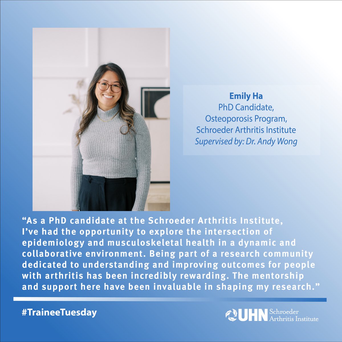 Schroeder Arthritis Institute (@schroederinst) on Twitter photo Meet Emily Ha, PhD Candidate within the #Osteoporosis Program <a href="/SchroederInst/">Schroeder Arthritis Institute</a> <a href="/UHN/">University Health Network</a>, supervised by Dr. Andy Wong. At the Institute, Emily explores the intersection of epidemiology and musculoskeletal health alongside a dynamic team and in a collaborative environment. Meet Emily Ha, PhD Candidate within the #Osteoporosis Program <a href="/SchroederInst/">Schroeder Arthritis Institute</a> <a href="/UHN/">University Health Network</a>, supervised by Dr. Andy Wong. At the Institute, Emily explores the intersection of epidemiology and musculoskeletal health alongside a dynamic team and in a collaborative environment.