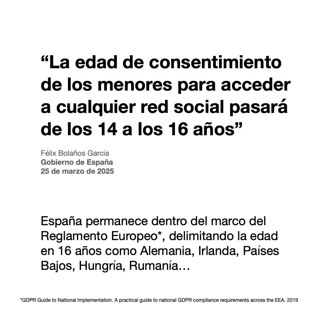 juanviblazquez's tweet photo. España permanece dentro del marco del Reglamento Europeo*, delimitando la edad en 16 años como Alemania, Irlanda, Países Bajos, Hungría, Rumanía… https://t.co/dP9lTYhsc0