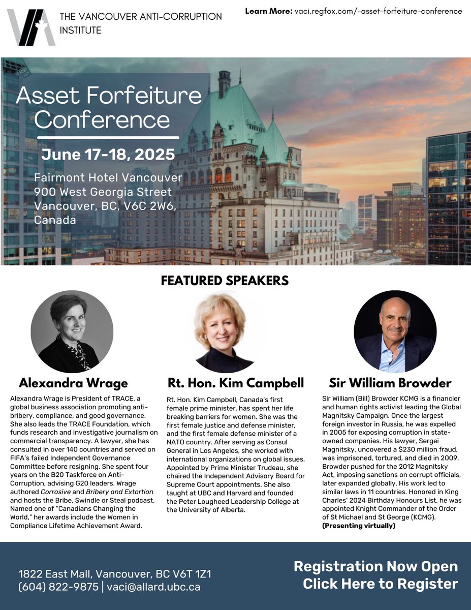 Registration is open for VACI’s Asset Forfeiture Conference!  
📅 June 17-18 | Vancouver 
Chaired by Rt. Hon. Kim Campbell, the #conference explores #AssetForfeiture to target #Wealth acquired #Unlawfully.  Join experts from Canada &amp; abroad. Learn more: lnkd.in/gY7M5U7d