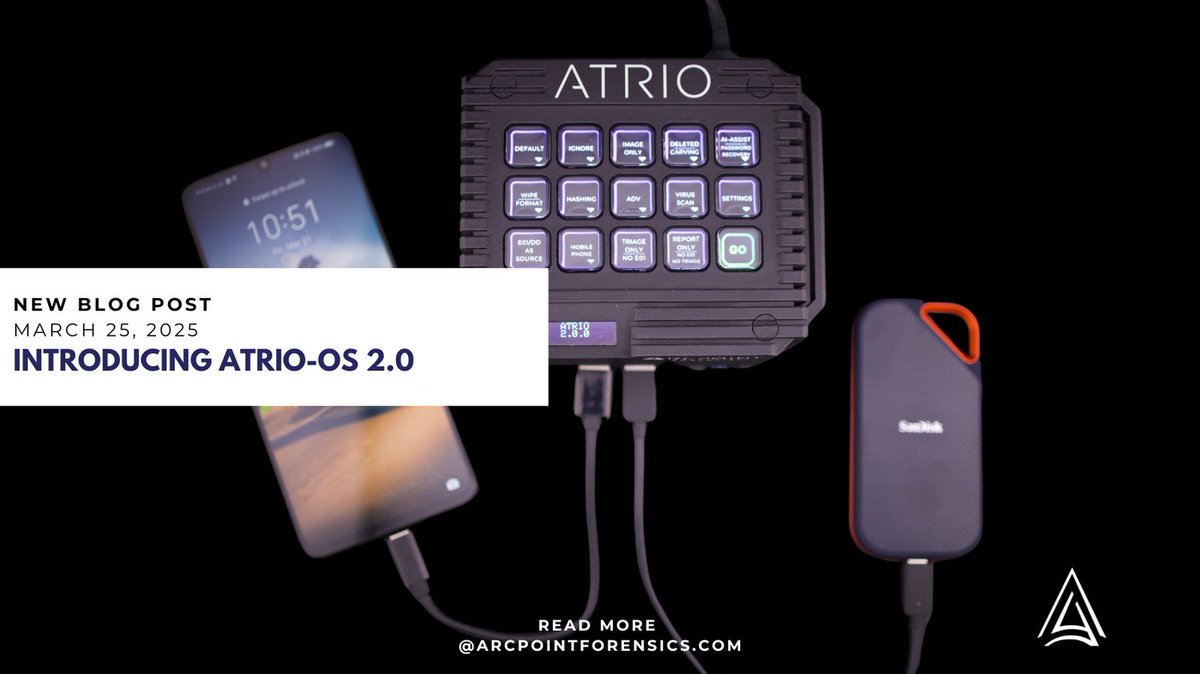 Announcing ATRIO-OS 2.0! 🎉 Coming with the ATRIO MK II in April 2025, featuring enhanced performance, 8 TB storage, and more. 

Read all about the new features for digital investigations here: arcpointforensics.com/news-1/atrio-o…

#DFIR #ATRIO #cyber #tech #technews