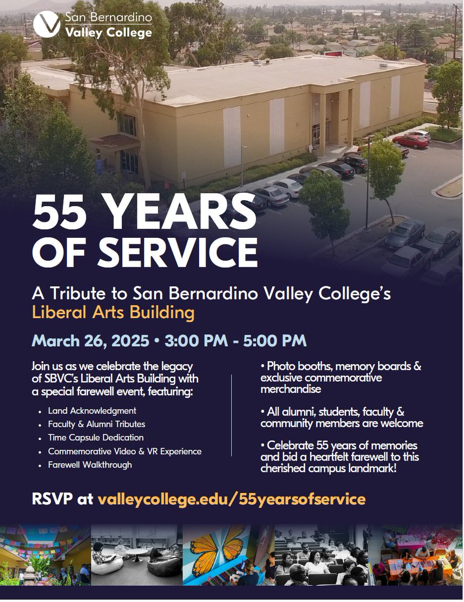 Farewell to SBVC’s Liberal Arts Building💙
55 Years of Memories!

Join us as we celebrate the legacy of this campus landmark!
📍 SBVC Liberal Arts Building
🎟 FREE – Open to alumni, students, faculty &amp; the community

#communitycollege #campuslife #communityevent
