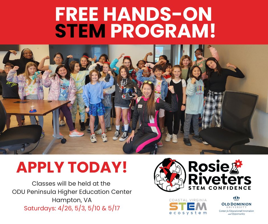 Great News! Rosie Riveters STEM Program is taking applications for girls Ages 5-14. This is a weekend program in Hampton, VA. Application Deadline is April 11th. Application and More information can be found at bit.ly/ApplyRosie
