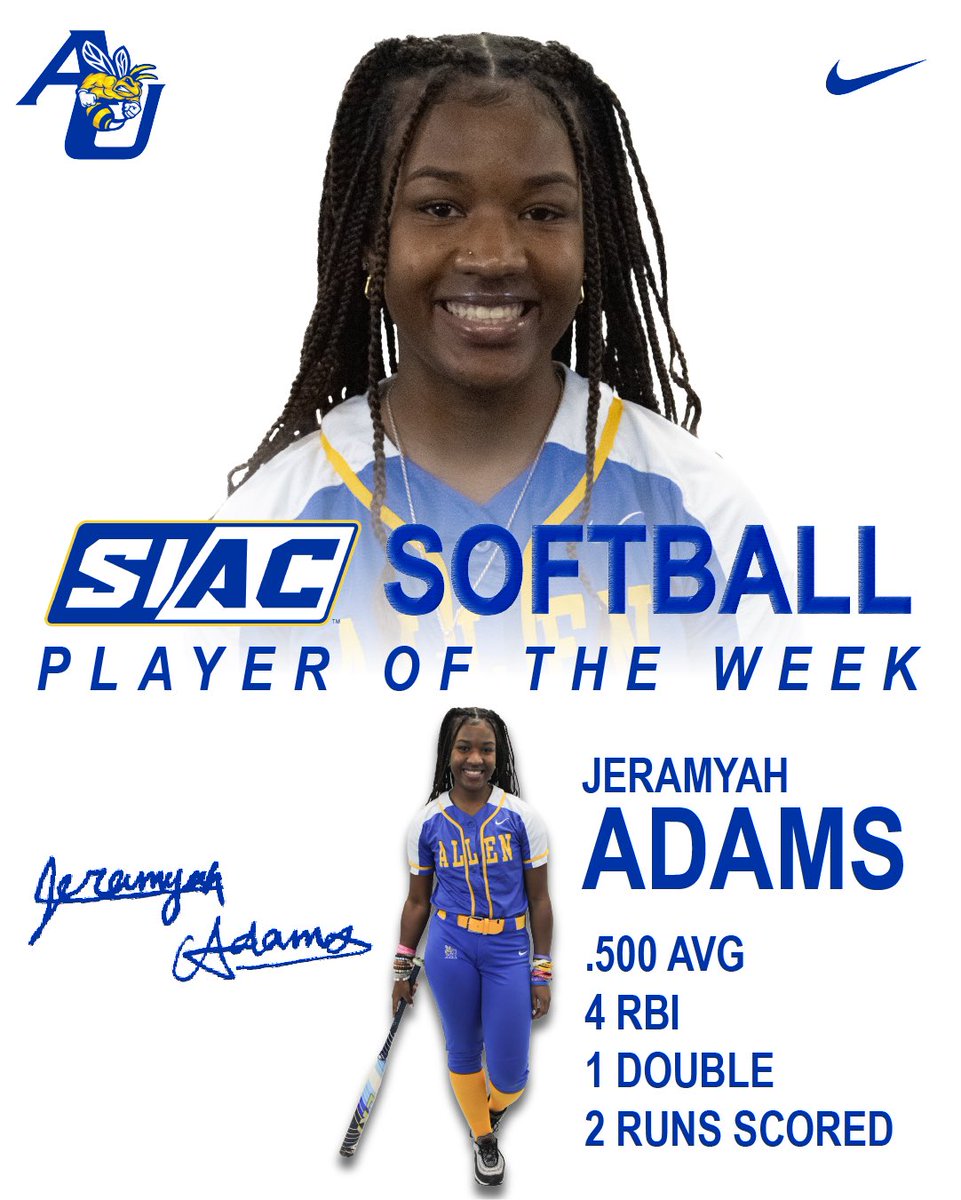 𝐒𝐈𝐀𝐂 𝐏𝐋𝐀𝐘𝐄𝐑 𝐎𝐅 𝐓𝐇𝐄 𝐖𝐄𝐄𝐊

For the first time this season, the SIAC has named Jeramyah Adams as Softball Player of the Week! Adams hit .500 this weekend with a double and 4 RBI!

📰: bit.ly/4c20T4N