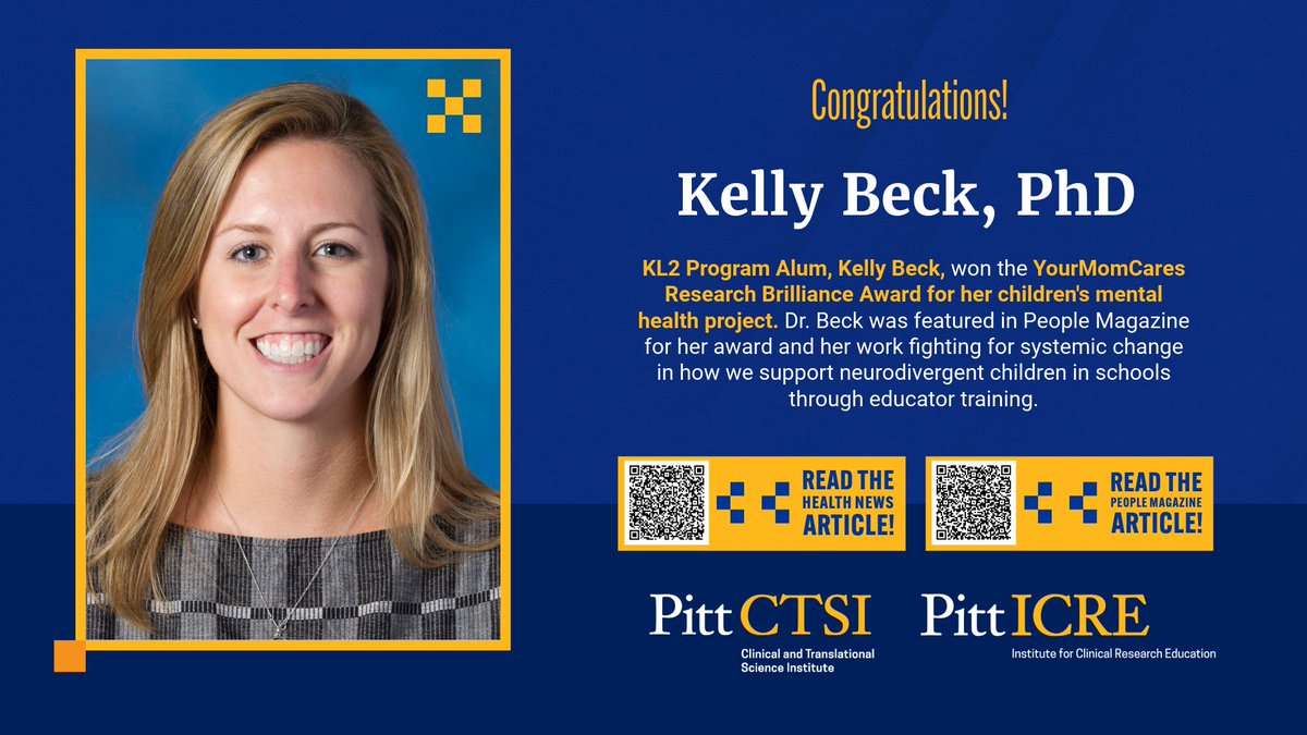 Pitt Institute for Clinical Research Education (@pitticre) on Twitter photo Dr. Kelly Beck, KL2 alum, has won the YourMomCares Research Brilliance Award & was featured in <a href="/people/">People</a> for her work transforming educator training to support neurodivergent children in schools. 👏 #PittResearch
Health: health.pitt.edu/news/kelly-bec…
People: people.com/your-mom-cares… Dr. Kelly Beck, KL2 alum, has won the YourMomCares Research Brilliance Award & was featured in <a href="/people/">People</a> for her work transforming educator training to support neurodivergent children in schools. 👏 #PittResearch
Health: health.pitt.edu/news/kelly-bec…
People: people.com/your-mom-cares…