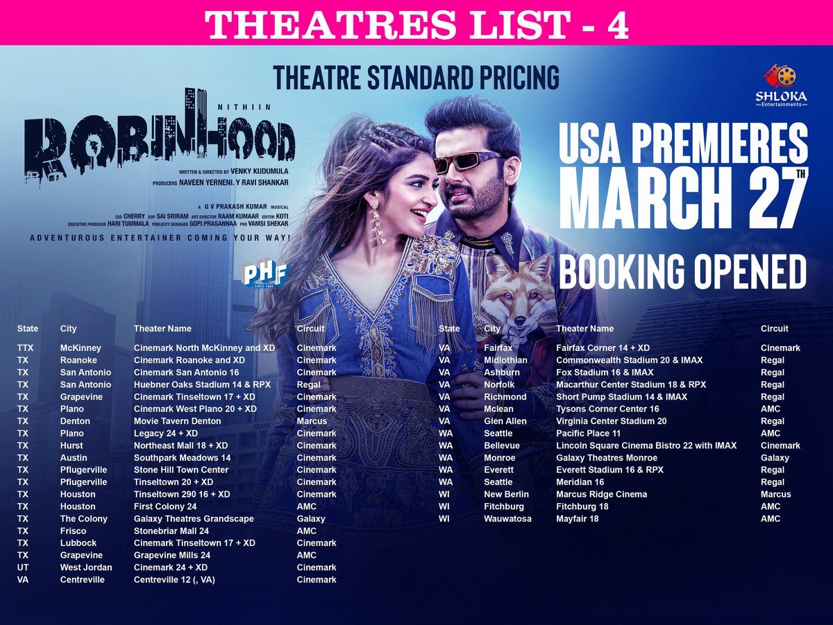 Shloka Entertainments (@shlokaents) on Twitter photo #Robinhood - USA final theatres list is here❤️🔥❤️🔥
Enjoy ROBINHOOD at 🇺🇲 theatres near you from MAR 27th and get entertained to the fullest.
North America Rls by <a href="/ShlokaEnts/">Shloka Entertainments</a> 💥
<a href="/actor_nithiin/">nithiin</a> <a href="/sreeleela14/">Sreeleela</a> <a href="/VenkyKudumula/">Venky Kudumula</a> <a href="/davidwarner31/">David Warner</a> <a href="/gvprakash/">G.V.Prakash Kumar</a> #RajendraPrasad <a href="/vennelakishore/">vennela kishore</a> #Robinhood - USA final theatres list is here❤️🔥❤️🔥
Enjoy ROBINHOOD at 🇺🇲 theatres near you from MAR 27th and get entertained to the fullest.
North America Rls by <a href="/ShlokaEnts/">Shloka Entertainments</a> 💥
<a href="/actor_nithiin/">nithiin</a> <a href="/sreeleela14/">Sreeleela</a> <a href="/VenkyKudumula/">Venky Kudumula</a> <a href="/davidwarner31/">David Warner</a> <a href="/gvprakash/">G.V.Prakash Kumar</a> #RajendraPrasad <a href="/vennelakishore/">vennela kishore</a>