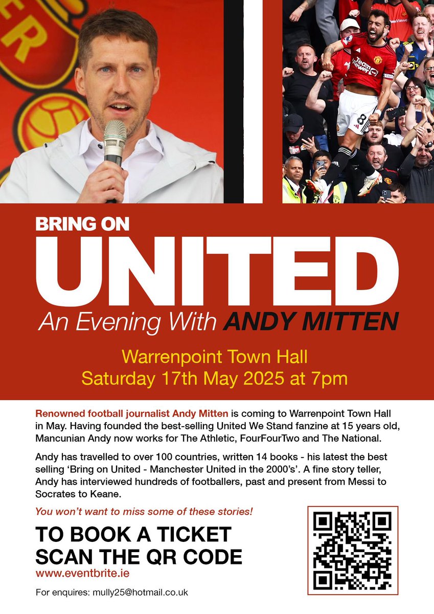 Calling all Irish RedsThis is a night not to be missed ! Join us in Warrenpoint sat 17 May for the inside scoop on all things United that you won’t hear anywhere else with the legend <a href="/AndyMitten/">Andy Mitten</a> ! 🇾🇪 #IrishReds #FullBar 
eventbrite.ie/e/united-by-an…