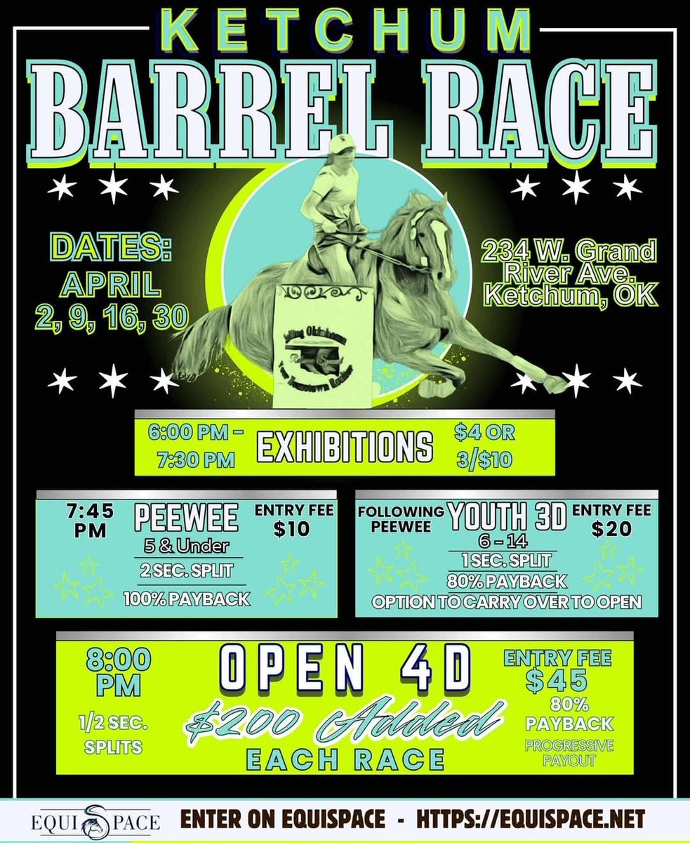 Ketchum Barrel Racing Apr 2th, 9th, 16th, and 30th in Ketchum, OK
#Oklahoma #Rodeo