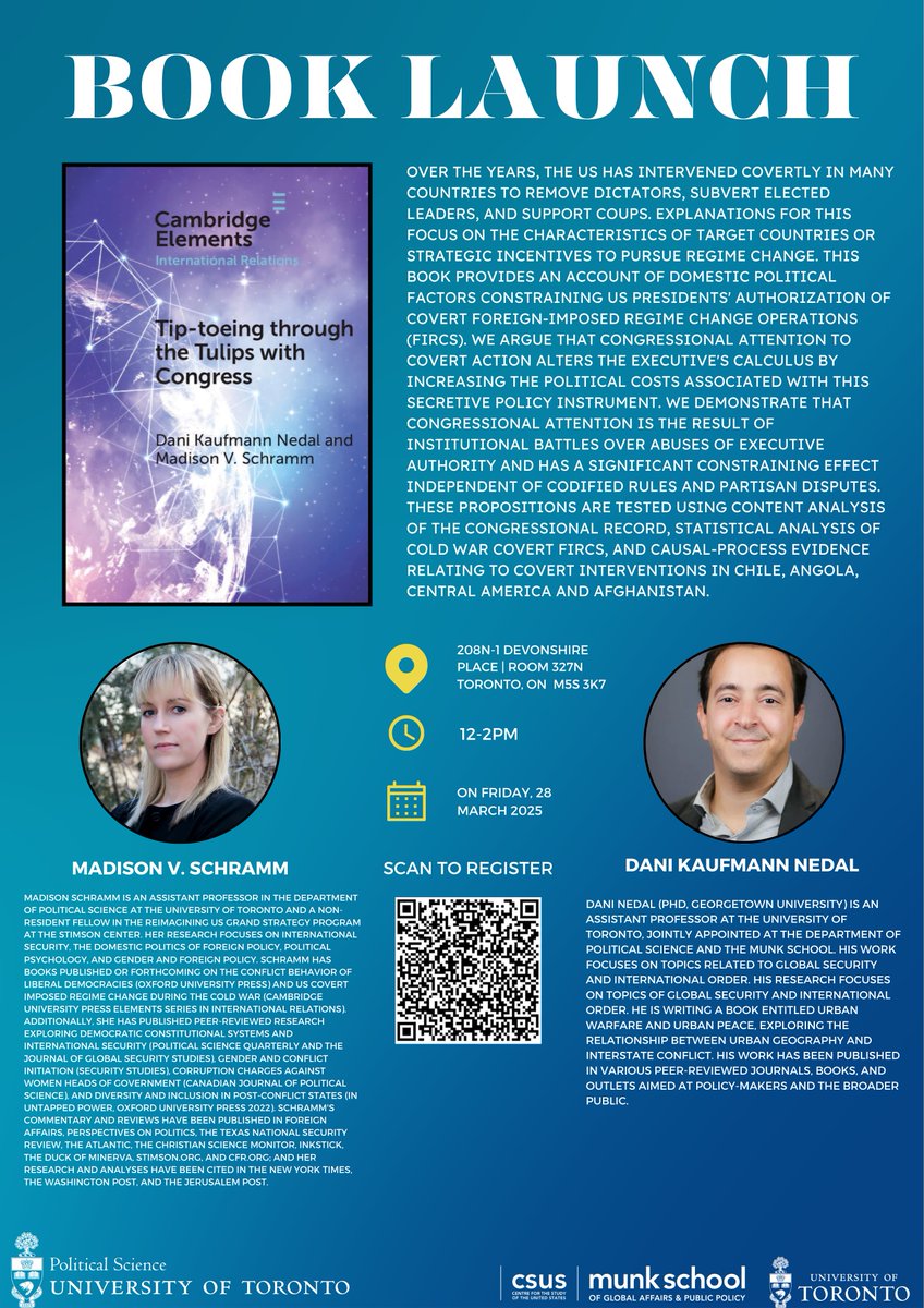 Political Science (@uoft_polsci) on Twitter photo This Friday! Join <a href="/UofT_PolSci/">Political Science</a> <a href="/Madison_Schramm/">Madison Schramm</a> & <a href="/munkschool/">Munk School</a> <a href="/daninedal/">Dani Nedal</a> for the book launch of their latest research 'Tip-toeing through the Tulips with Congress: How Congressional Attention Constrains Covert Action.' Register now! #newbook munkschool.utoronto.ca/event/tip-toei… This Friday! Join <a href="/UofT_PolSci/">Political Science</a> <a href="/Madison_Schramm/">Madison Schramm</a> & <a href="/munkschool/">Munk School</a> <a href="/daninedal/">Dani Nedal</a> for the book launch of their latest research 'Tip-toeing through the Tulips with Congress: How Congressional Attention Constrains Covert Action.' Register now! #newbook munkschool.utoronto.ca/event/tip-toei…