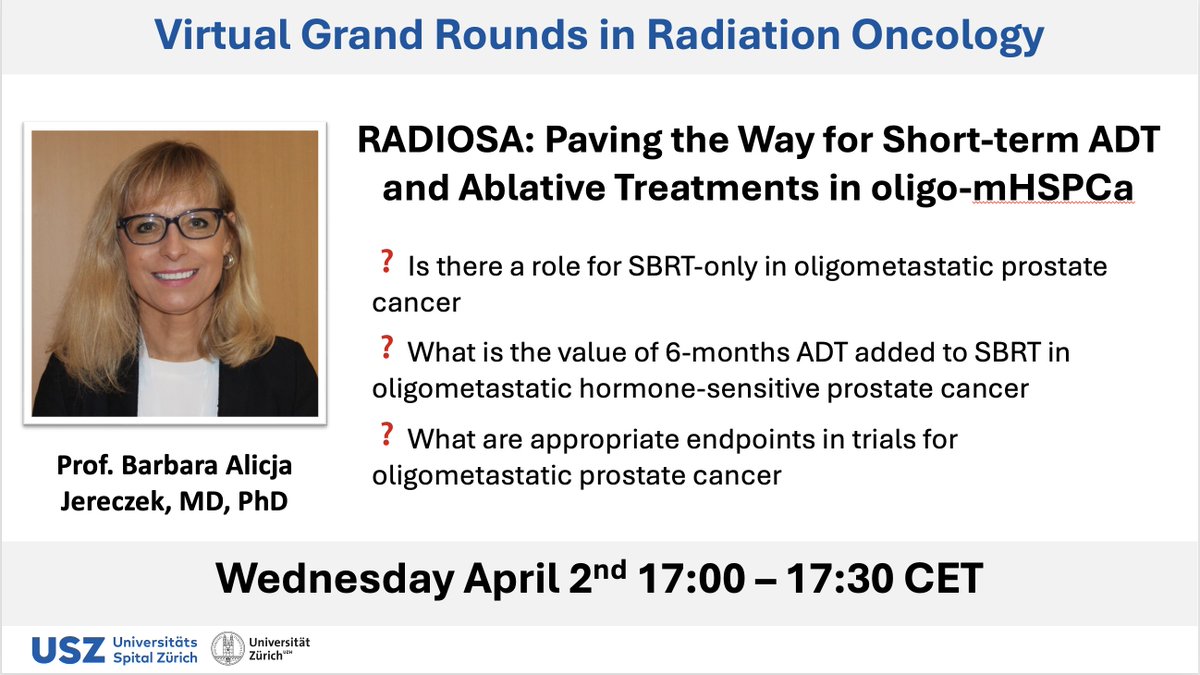 Matthias Guckenberger (@mat_guc) on Twitter photo ❓ Role of SBRT-only in hormone-sensitive oligometastatic prostate cancer
❓ Value of 6-months ADT added to SBRT
❓ Appropriate endpoints
Virtual Grand Rounds in Radiation Oncology
usz.ch/en/events/virt…
Proudly presenting: <a href="/BarbaraJereczek/">prof. Barbara Jereczek-Fossa</a>
Wed April 2nd 17:00 – 17:30 CET 👇 ❓ Role of SBRT-only in hormone-sensitive oligometastatic prostate cancer
❓ Value of 6-months ADT added to SBRT
❓ Appropriate endpoints
Virtual Grand Rounds in Radiation Oncology
usz.ch/en/events/virt…
Proudly presenting: <a href="/BarbaraJereczek/">prof. Barbara Jereczek-Fossa</a>
Wed April 2nd 17:00 – 17:30 CET 👇