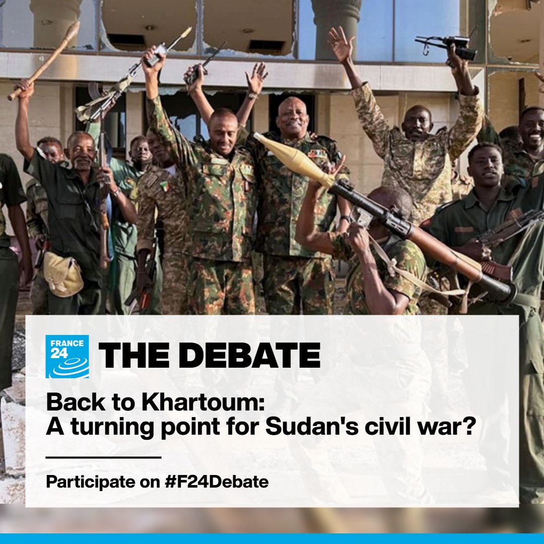 🇸🇩As #Sudan’s army advances in central #Khartoum, is this a turning point in a war that has killed more than 20,000 people and displaced 14 million?

👉Tune in at 7.10PM Paris Time at france24.com/en/live with <a href="/FrancoisF24/">François Picard</a>

➡️Your questions on #F24Debate

<a href="/France24_en/">FRANCE 24 English</a>