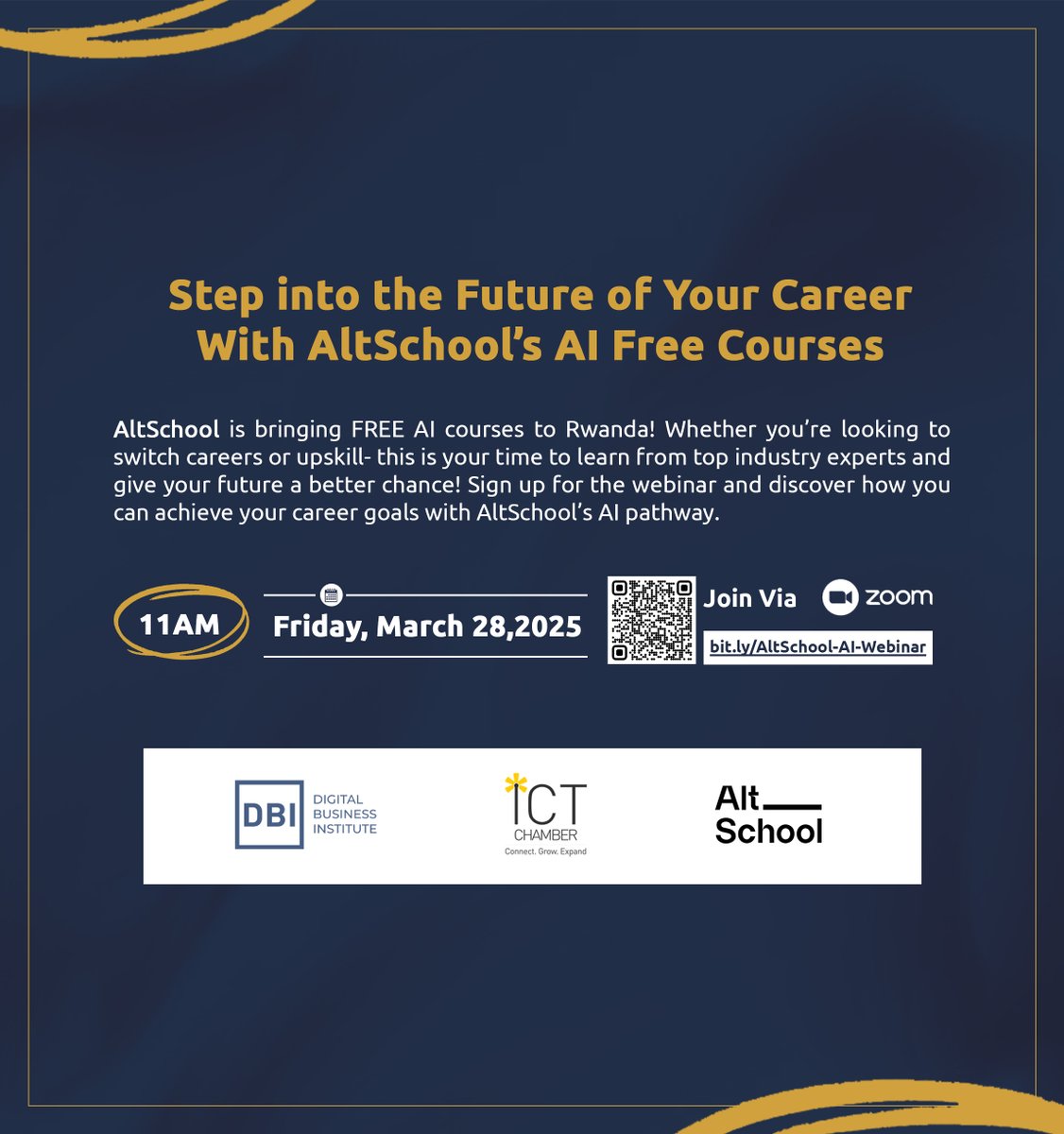 dbi_rwanda's tweet image. 🚀 You want to benefit from the AI Free Courses ? Join our exclusive webinar!
Brought to you by ICT Chamber & DBI in partnership with @AltSchoolAfrica , a platform for practical, tech-driven learning.
On March 28 @ 11AM (Kigali Time)
Register now! 👉🏼 bit.ly/Register-AltSc…