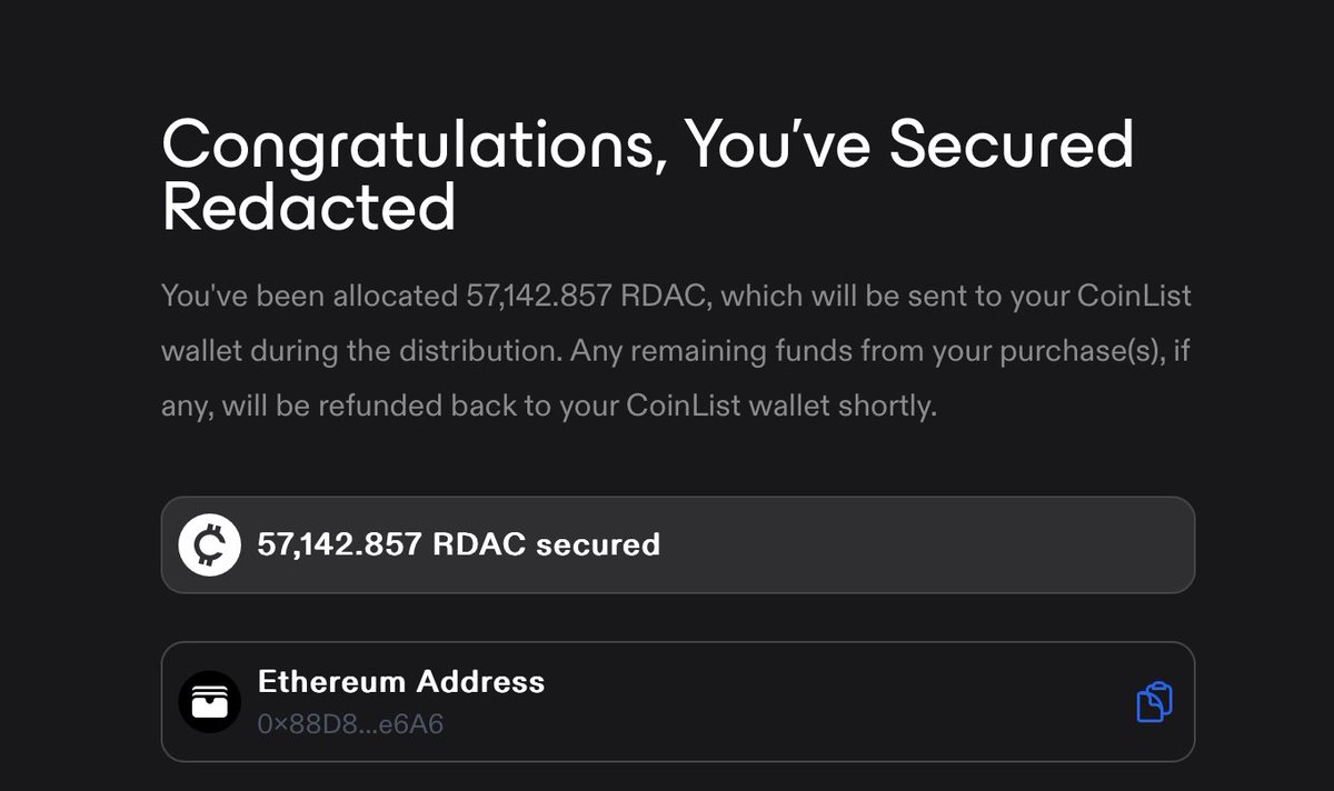 attachot_k's tweet photo. Locked and loaded! 🔐
$RDAC secured — big thanks to the @Moca_Network team &amp;  community! 🙏
Let’s build something great together. 👁️🚀

Just secured my Redacted on @CoinList. #UpOnly https://t.co/8xvGfHnR6Q

#RDAC #Redacted #CoinList #Mocalized https://t.co/exo596aGEe