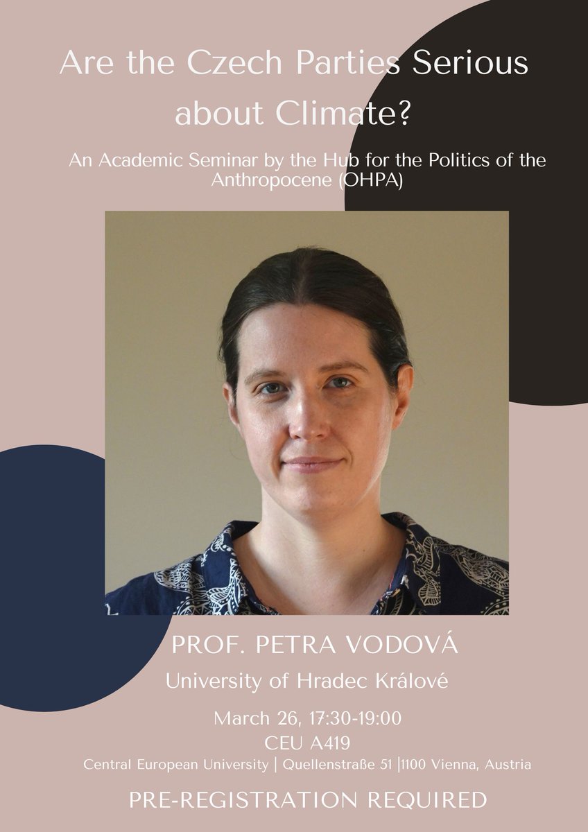 Reminder for our next Seminar:
"Are the Czech Parties Serious about Climate?" by Prof. Petra Vodová of the University of Hradec Králové

📍Wednesday March 26th, 17:30-19:00
📍Central European University: Room A419

Pre-registration here:
events.ceu.edu/2025-03-26/are…