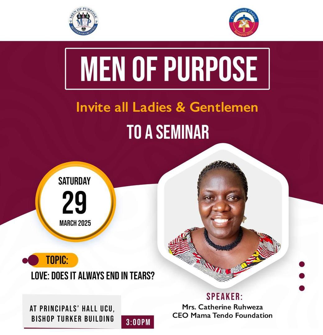 Dickson Tumuramye (@tumudick) on Twitter photo *Just 4 days to go!* š¢ Join us this Saturday, March 29, 2025, at 3:00 PM for an eye-opening seminar with Mrs. Catherine Ruhweza, CEO of Mama Tendo Foundation <a href="/mamatendo/">Mama Tendo</a> <a href="/UCUniversity/">Uganda Christian University (Official)</a>
(main campus). Donāt miss out! #MenOfPurpose #LoveAndRelationships *Just 4 days to go!* š¢ Join us this Saturday, March 29, 2025, at 3:00 PM for an eye-opening seminar with Mrs. Catherine Ruhweza, CEO of Mama Tendo Foundation <a href="/mamatendo/">Mama Tendo</a> <a href="/UCUniversity/">Uganda Christian University (Official)</a>
(main campus). Donāt miss out! #MenOfPurpose #LoveAndRelationships