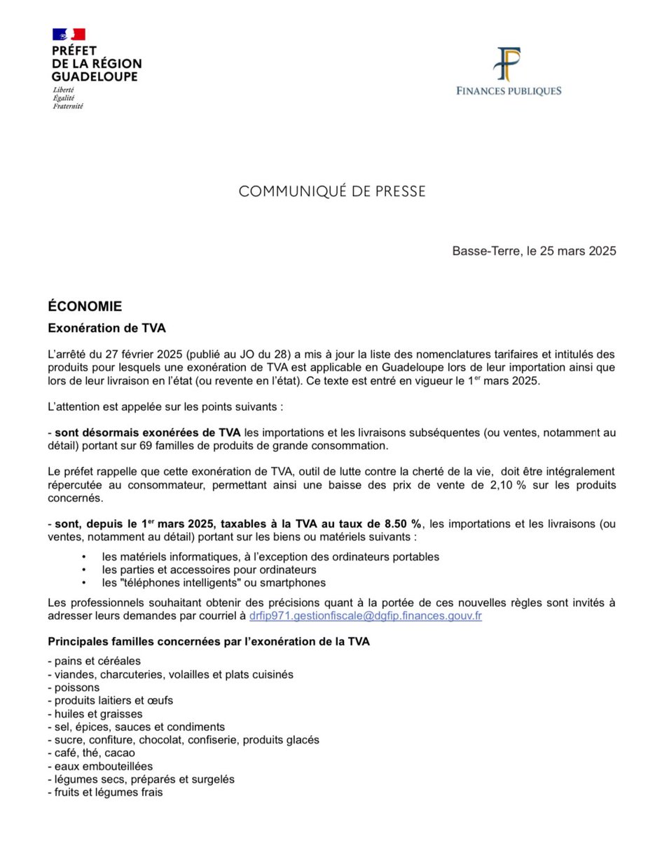 #VieChère💶💶💶
69 familles de produits de grande consommation sont exonérés de TVA depuis le 1er mars
<a href="/guadeloupela1e/">Guadeloupe la 1ère</a> <a href="/Prefet971/">Préfet de Guadeloupe</a>