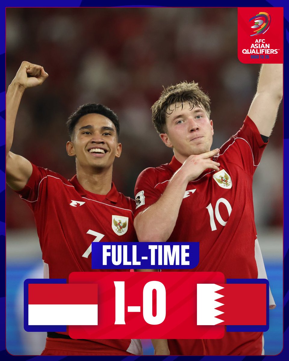 𝗙𝗧 | 🇮🇩 Indonesia 1️⃣-0️⃣ Bahrain 🇧🇭

A momentous victory for Indonesia at Gelora Bung Karno Stadium!

#AsianQualifiers | #IDNvBHR