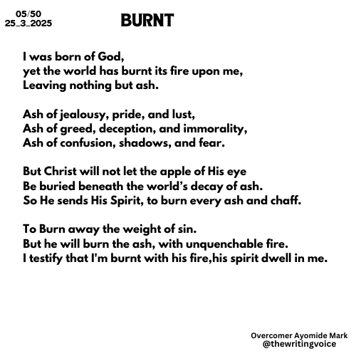 thewritingvoice's tweet photo. BURNT
I was born of God,
yet the world has burnt its fire upon me,
Leaving nothing but ash.
#Poetry #Poem #NationalPoetryMonth #SpokenWord #PoetrySlam #poets #PoetryWriting #PoemOfTheDay #christianpoetry #Godisforme
#5050challenge #PoemWritingChallenge https://t.co/cccfyocQse