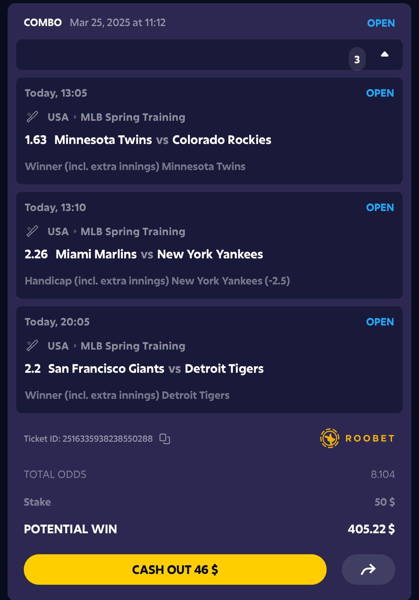 degen_parlay's tweet image. A little bit of Baseball before the season starts #MLB #SpringTraining
50$➡️405$ (8x)
⚾️ Twins ML
⚾️ Yankees (-2.5)
⚾️ Tigers ML