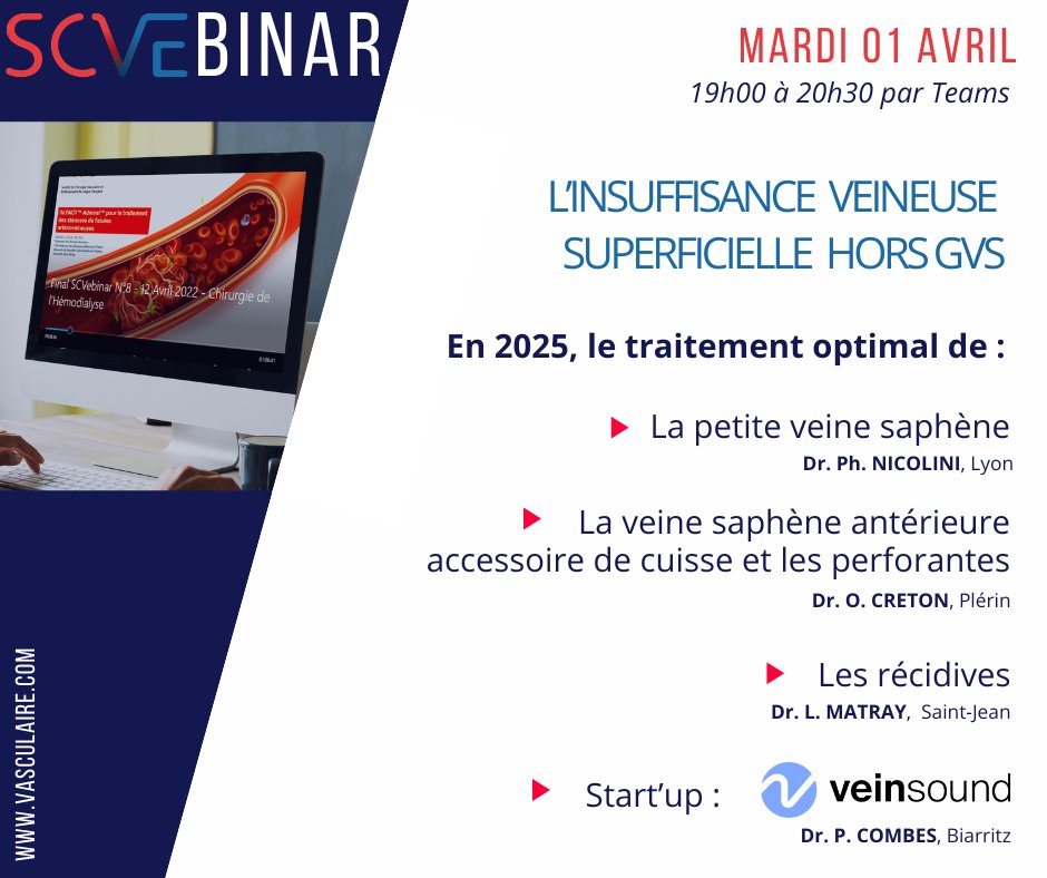 SCVE_fr's tweet image. J-7 ! SCVEbinar#4 : L'INSUFFISANCE VEINEUSE SUPERFICIELLE HORS GVS
Mardi 1er avril à 19h00 via Teams.
Lien de connexion : teams.microsoft.com/l/meetup-join/…