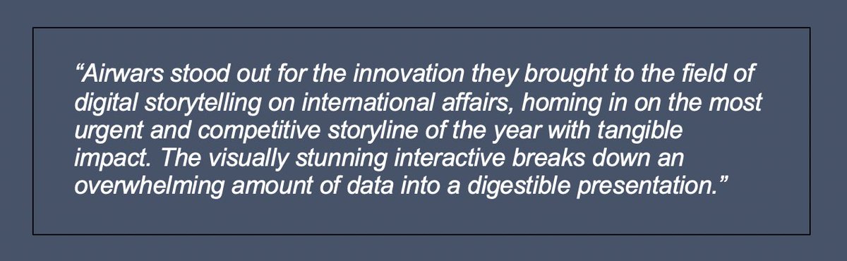 Airwars (@airwars) on Twitter photo Airwars has won an Overseas Press Club award for our investigation into civilians killed by Israeli airstrikes in Gaza.
The Kim Wall Award recognises creative and dynamic storytelling. We are honoured to be recognised alongside organisations such as <a href="/nytimes/">The New York Times</a>, <a href="/WSJ/">The Wall Street Journal</a> and others. Airwars has won an Overseas Press Club award for our investigation into civilians killed by Israeli airstrikes in Gaza.
The Kim Wall Award recognises creative and dynamic storytelling. We are honoured to be recognised alongside organisations such as <a href="/nytimes/">The New York Times</a>, <a href="/WSJ/">The Wall Street Journal</a> and others.
