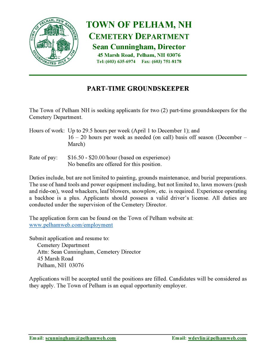townofpelhamnh's tweet photo. The Town of Pelham NH is seeking applicants for two (2) part-time groundskeepers for the Cemetery Department.

For more information, please visit
https://t.co/UosJFktJpj https://t.co/leYvVN9CHU