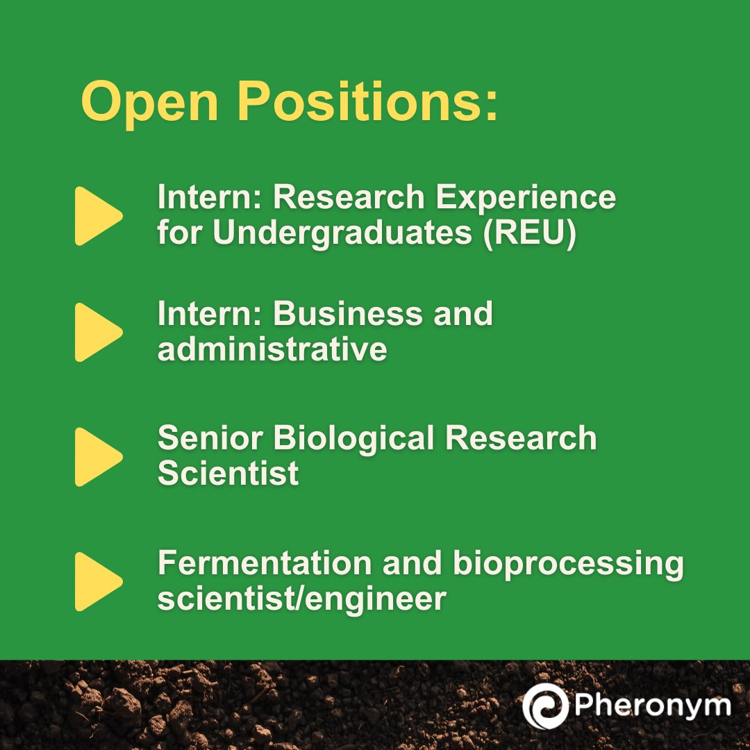 ☀️ Pheronym is hiring! ☀️ We're excited to welcome new talent to our team! Check out our open job positions 👉 ow.ly/Imbx50VoetK

#hiring #internship #biologicalresearchscientist #researchscientist #biotech #agtech #fermentationscientist #bioprocessingscientist